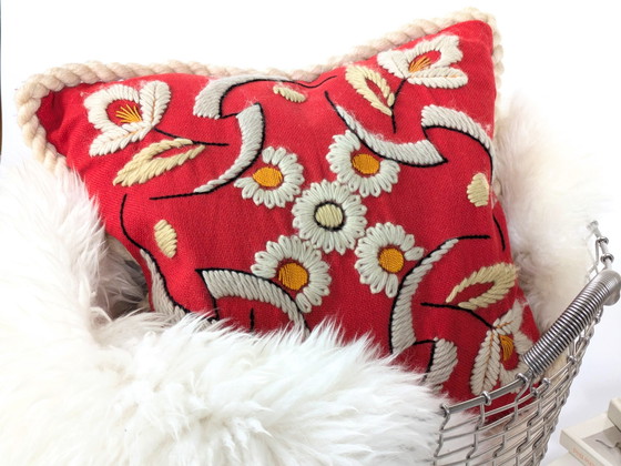 Image 1 of Floral Wool Pillow | Embroidered Decorative Cushion | 1970'S