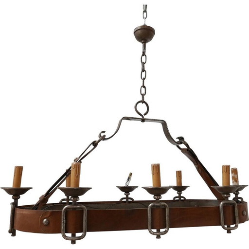 Vintage leather chandelier, France 1950s