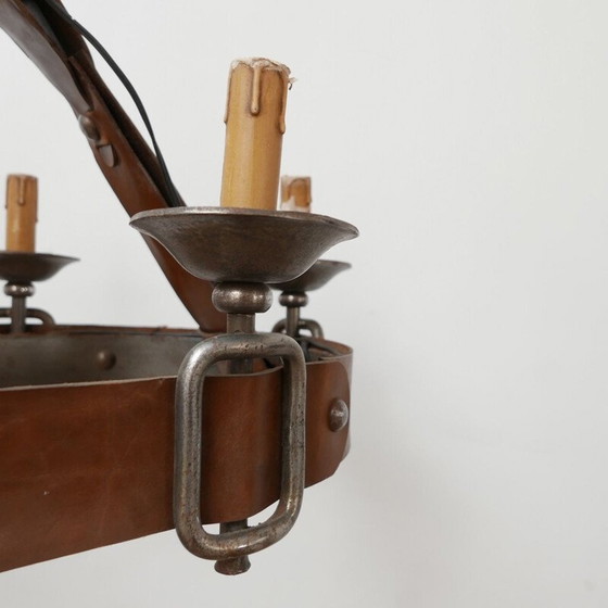 Image 1 of Vintage leather chandelier, France 1950s