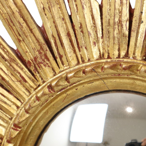 Image 1 of Large Gold Leaf Wooden Sun Mirror