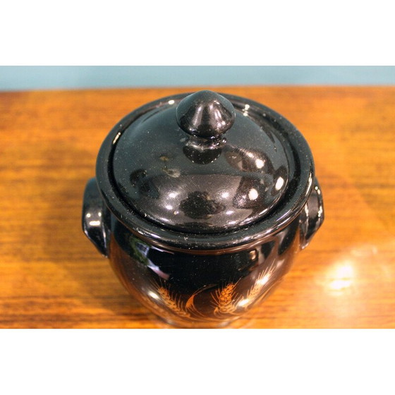 Image 1 of Vaso contenitore vintage laccato nero con decorazioni in oro, Francia 1970