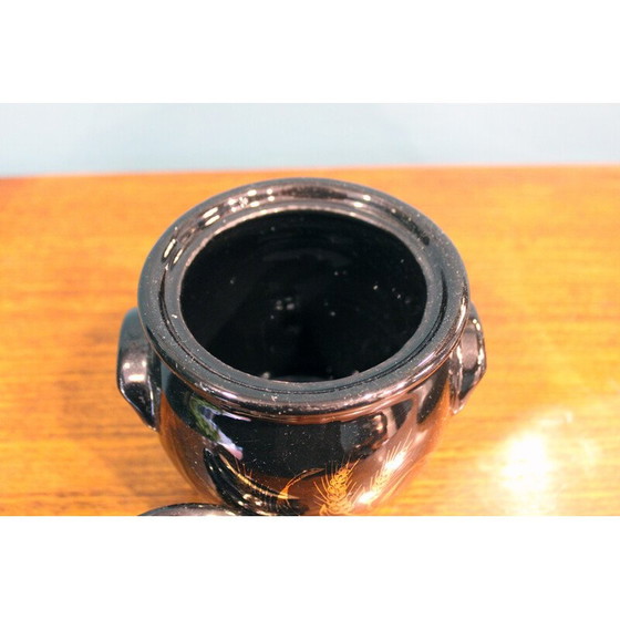 Image 1 of Vaso contenitore vintage laccato nero con decorazioni in oro, Francia 1970