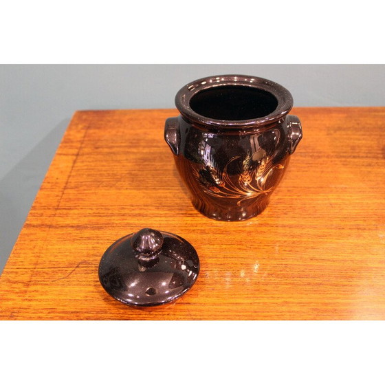 Image 1 of Vaso contenitore vintage laccato nero con decorazioni in oro, Francia 1970