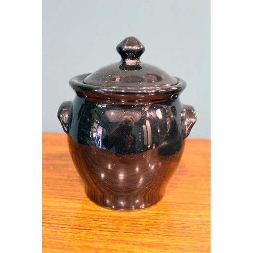 Jarrón vintage lacado en negro con decoración dorada, Francia, 1970