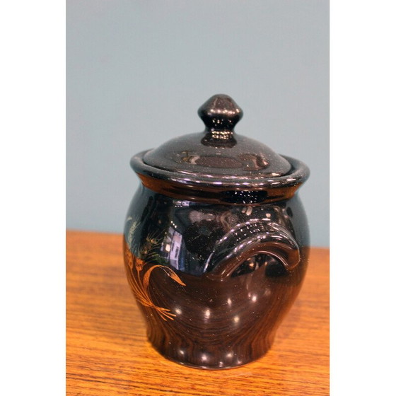 Image 1 of Vaso contenitore vintage laccato nero con decorazioni in oro, Francia 1970