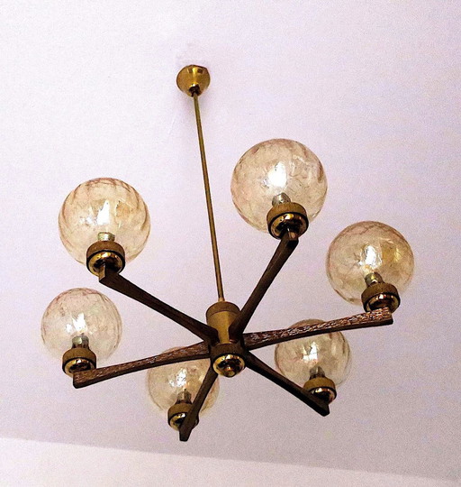 Italian Gold-Plated Brass Chandelier with 6 Crackle-Glass Globes by Angelo Brotto for Esperia, 1960s