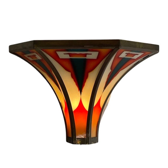 Image 1 of Art Deco / Amsterdam School - Stained glass wall sconce - Bronze frame - Multiple in stock