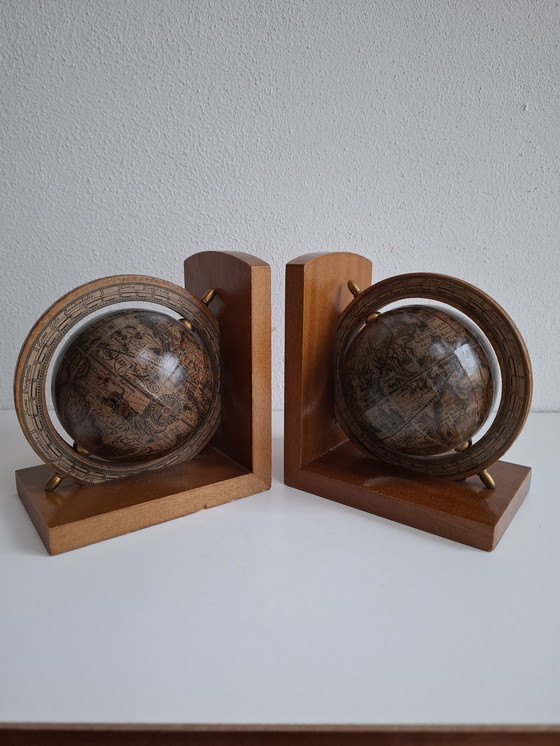 Image 1 of Pair of Wooden Bookends Globe World Globe