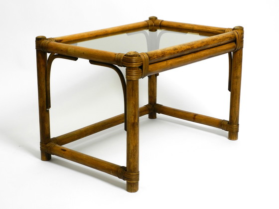 Image 1 of Beautiful 1970s dark bamboo wood couch or side table with smoked glass top