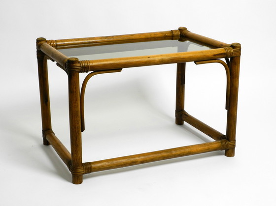 Image 1 of Beautiful 1970s dark bamboo wood couch or side table with smoked glass top