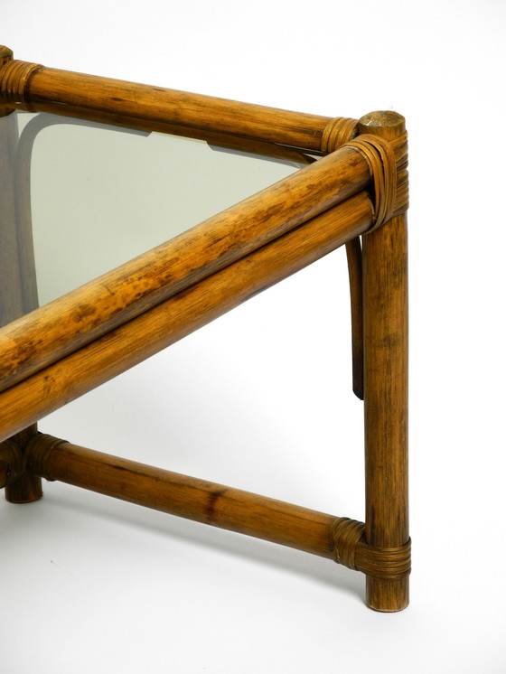 Image 1 of Beautiful 1970s dark bamboo wood couch or side table with smoked glass top