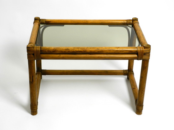 Image 1 of Beautiful 1970s dark bamboo wood couch or side table with smoked glass top