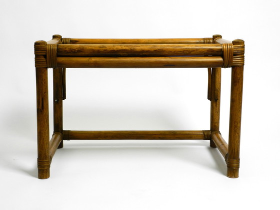 Image 1 of Beautiful 1970s dark bamboo wood couch or side table with smoked glass top