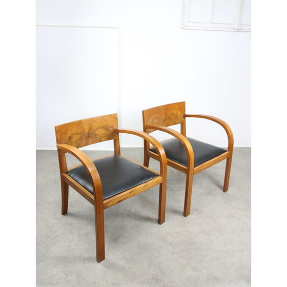 Image 1 of Pair of vintage Art Deco armchairs in wood and black imitation leather, Italy