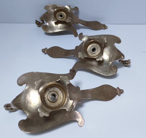 Image 1 of Tre portacandele vintage in ottone massiccio a forma di pavone