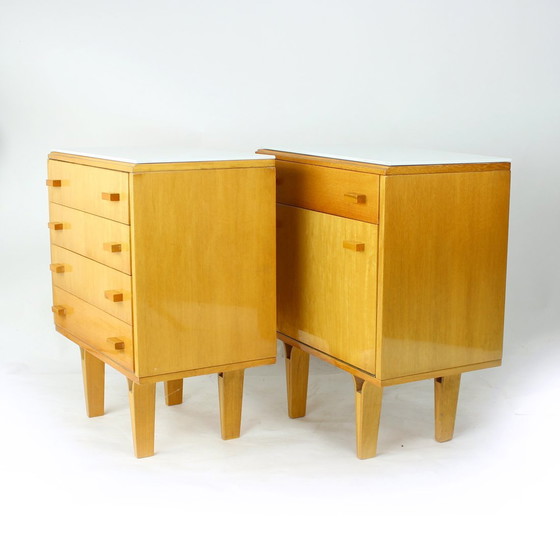 Image 1 of Midcentury Bedside Tables With White Glass Top, Novy Domov, Czechoslovakia 1960S