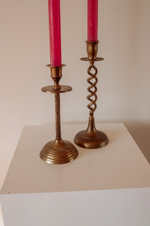 Set of 2 Vintage Mix & Match Brass Candlesticks