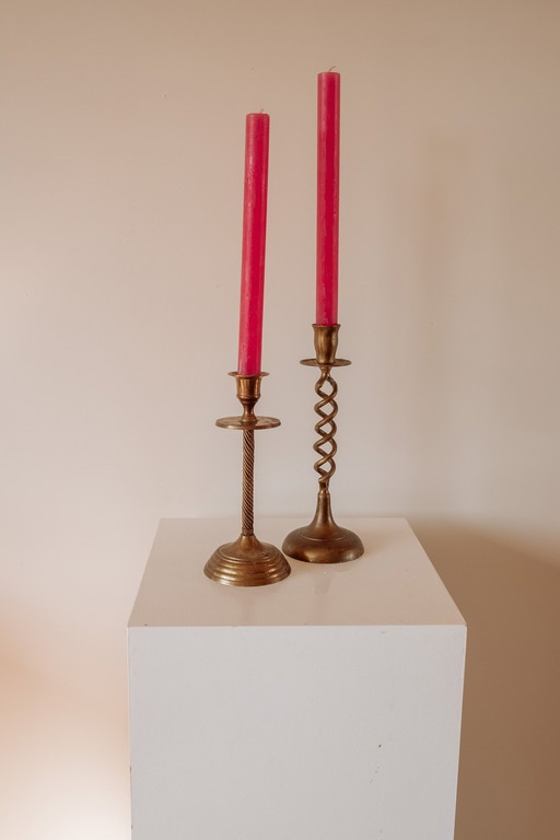 Set of 2 Vintage Mix & Match Brass Candlesticks
