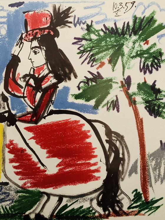 Image 1 of Pablo Picasso, "Jacqueline On A Horse. 1959". Authorized Offset Color Lithograph, Signed, High Quality. Includes Frame.