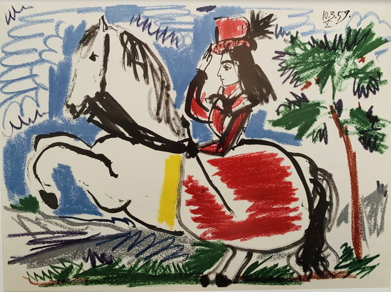 Image 1 of Pablo Picasso, "Jacqueline On A Horse. 1959". Authorized Offset Color Lithograph, Signed, High Quality. Includes Frame.