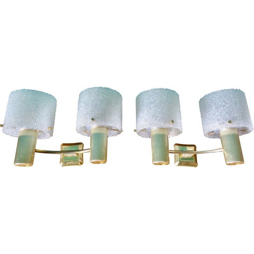 Pair of vintage brass and gold plastic wall lamps with granite shades, France 1950