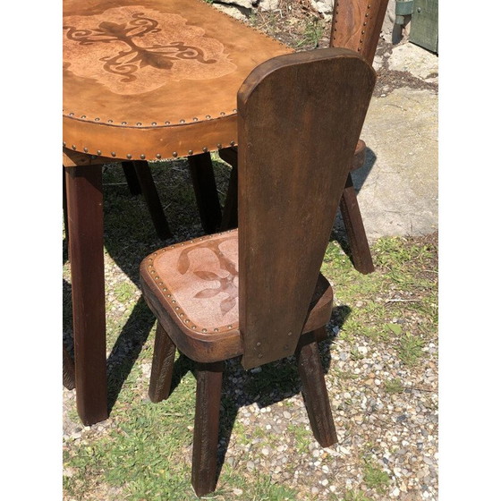Image 1 of Set of 4 vintage brutalism oak and leather chairs 1960s