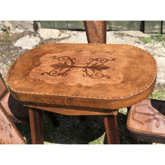 Image 1 of Set of 4 vintage brutalism oak and leather chairs 1960s