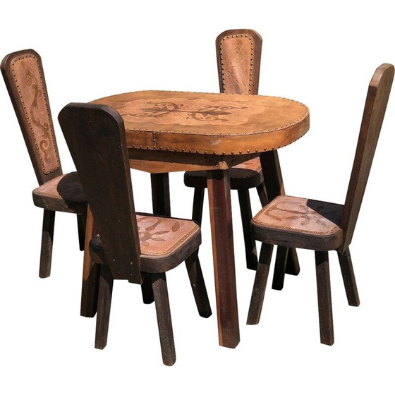 Image 1 of Set of 4 vintage brutalism oak and leather chairs 1960s