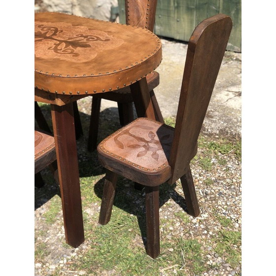 Image 1 of Set of 4 vintage brutalism oak and leather chairs 1960s