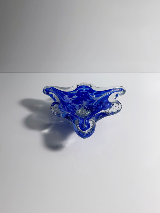 Vintage Murano ashtray ultramarine cobalt blue speckled triangle 1970 Italy