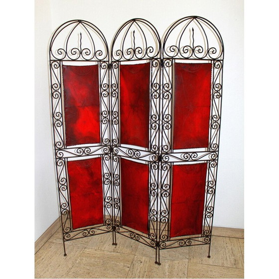 Image 1 of Vintage orientalist screen in wrought iron and painted leather