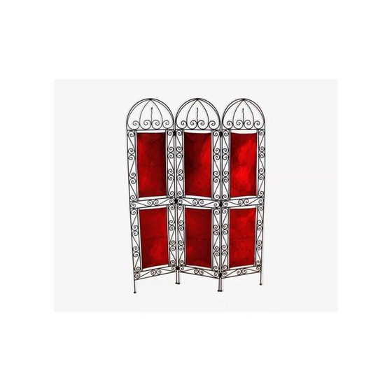 Image 1 of Vintage orientalist screen in wrought iron and painted leather