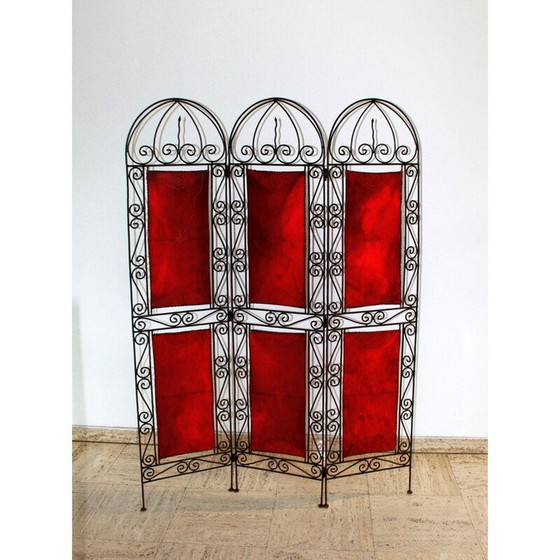 Image 1 of Vintage orientalist screen in wrought iron and painted leather