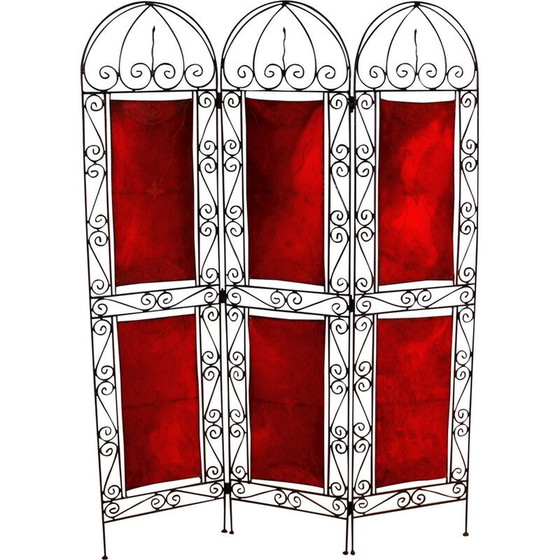 Image 1 of Vintage orientalist screen in wrought iron and painted leather