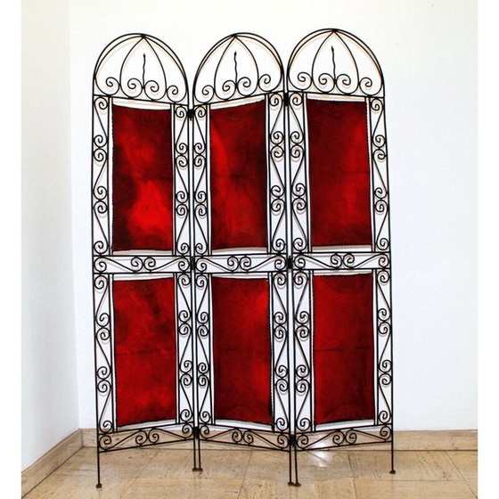 Image 1 of Vintage orientalist screen in wrought iron and painted leather