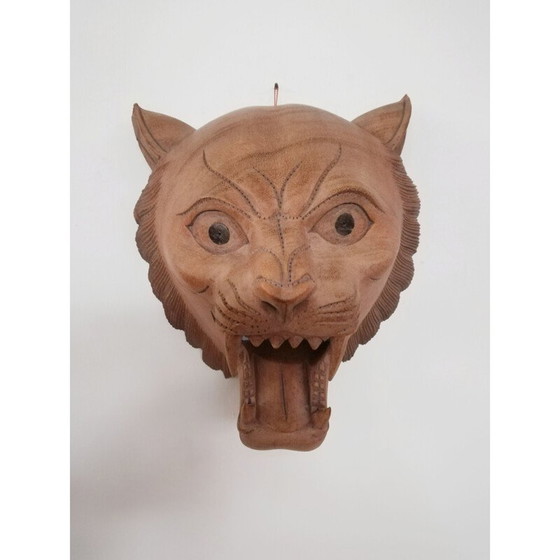 Image 1 of Maschera d'epoca in legno intagliato raffigurante una tigre ruggente