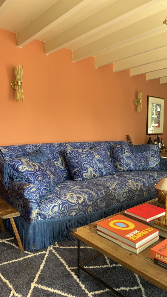 Image 1 of Geoffroy Van Hulle With Vintage Tony Duquette Upholstery And Fringes By Jim Thompson sofa