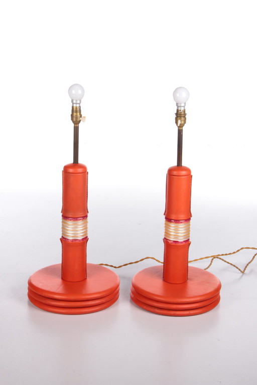 French set of orange leather covered table lamps, 1960s