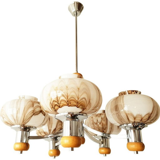 Vintage chandelier in steel wood & glass 1960s