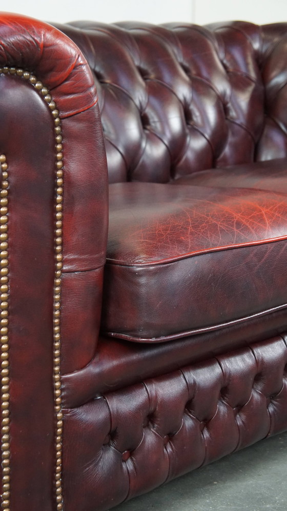 Image 1 of Red Beef Leather Chesterfield 2 Seat Sofa