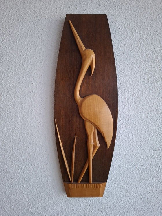 Image 1 of Wooden wall tile with relief heron crane