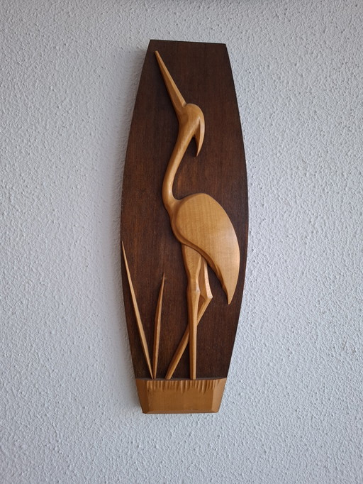 Wooden wall tile with relief heron crane