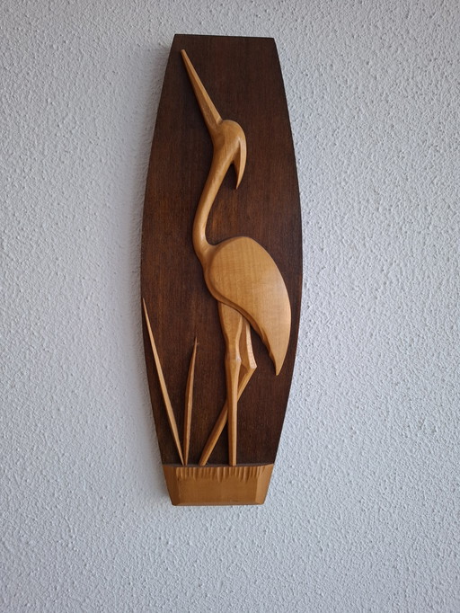 Wooden wall tile with relief heron crane