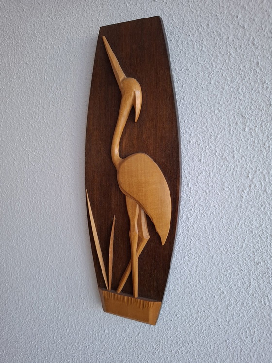 Image 1 of Wooden wall tile with relief heron crane