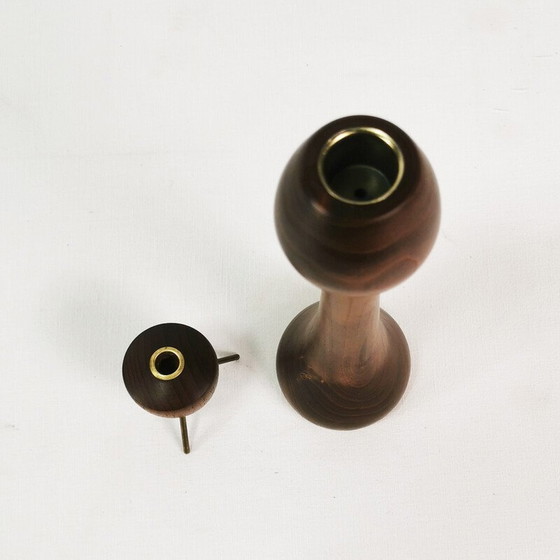 Image 1 of Set of vintage teak and brass candlesticks, Denmark 1960