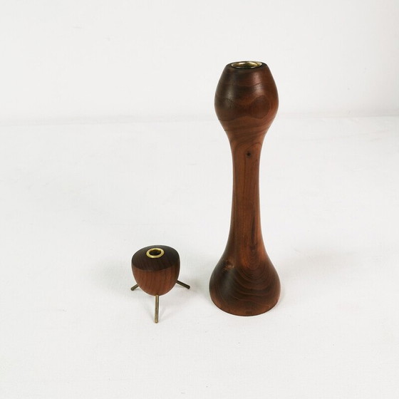 Image 1 of Set of vintage teak and brass candlesticks, Denmark 1960