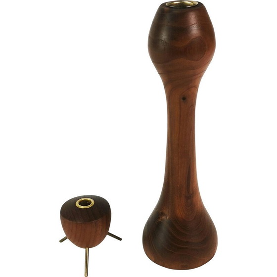 Image 1 of Set of vintage teak and brass candlesticks, Denmark 1960