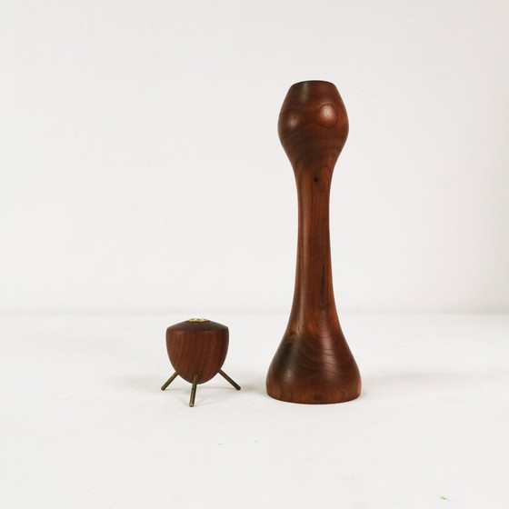 Image 1 of Set of vintage teak and brass candlesticks, Denmark 1960