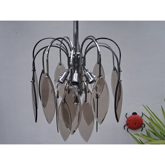 Image 1 of Vintage chrome and smoked glass pendant lamp by Veca Fontana Arte, Italy 1970