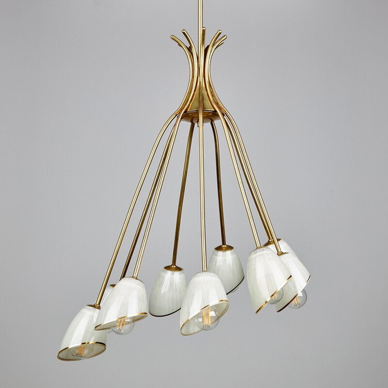 Image 1 of Vintage glass and brass chandelier, 1950